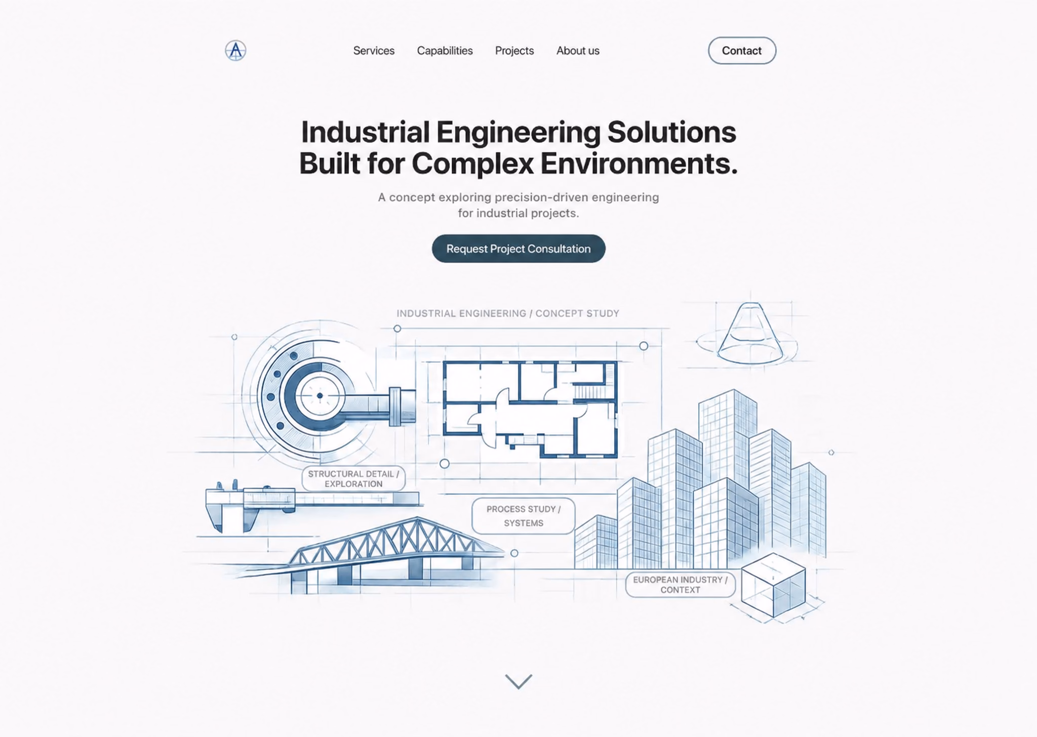 Industrial Engineering concept website with an editorial headline and a technical industrial engineering illustration.