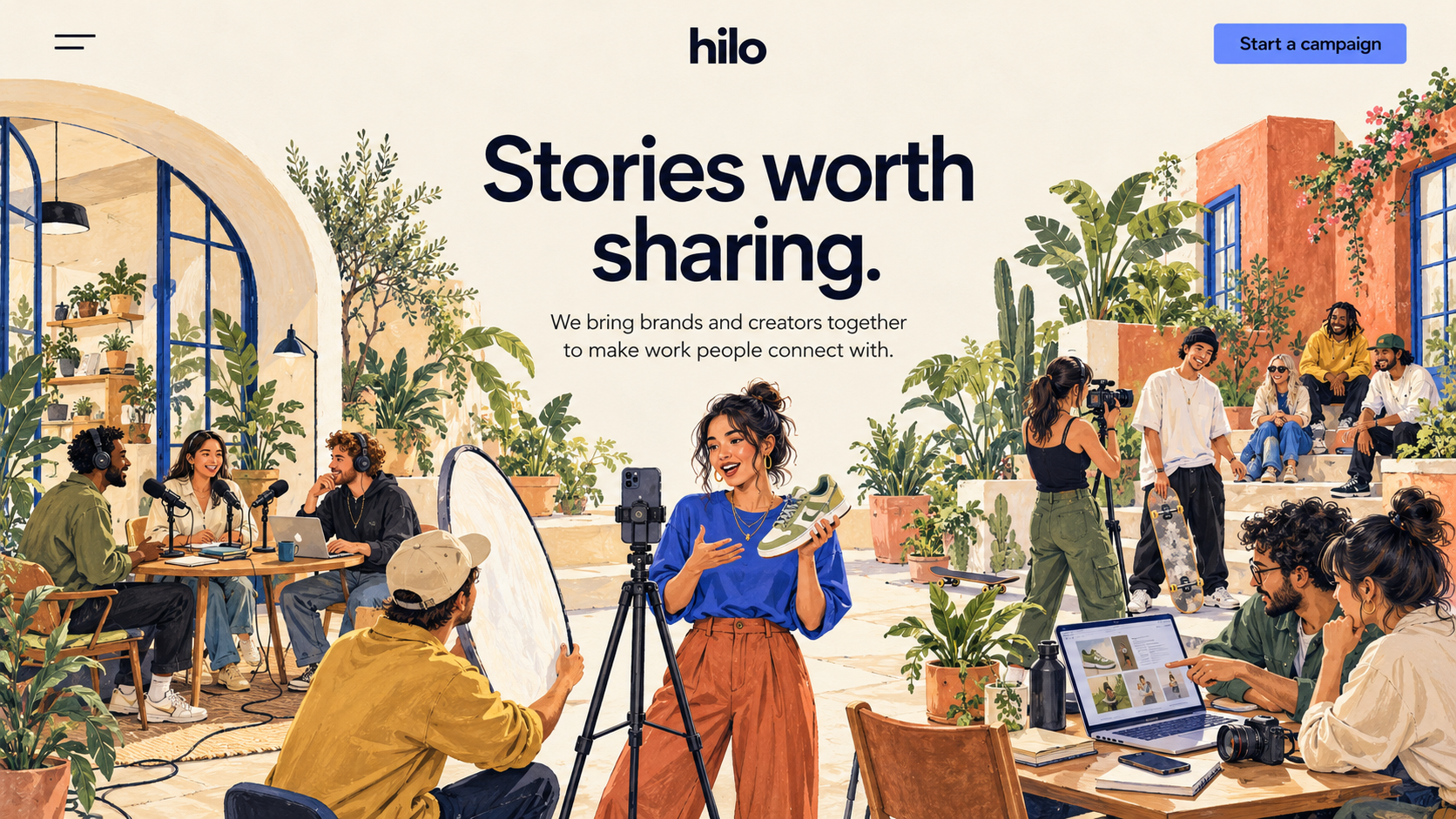 Concepto web de Hilo con el titular Stories worth sharing y un patio ilustrado donde creadores graban una campaña.