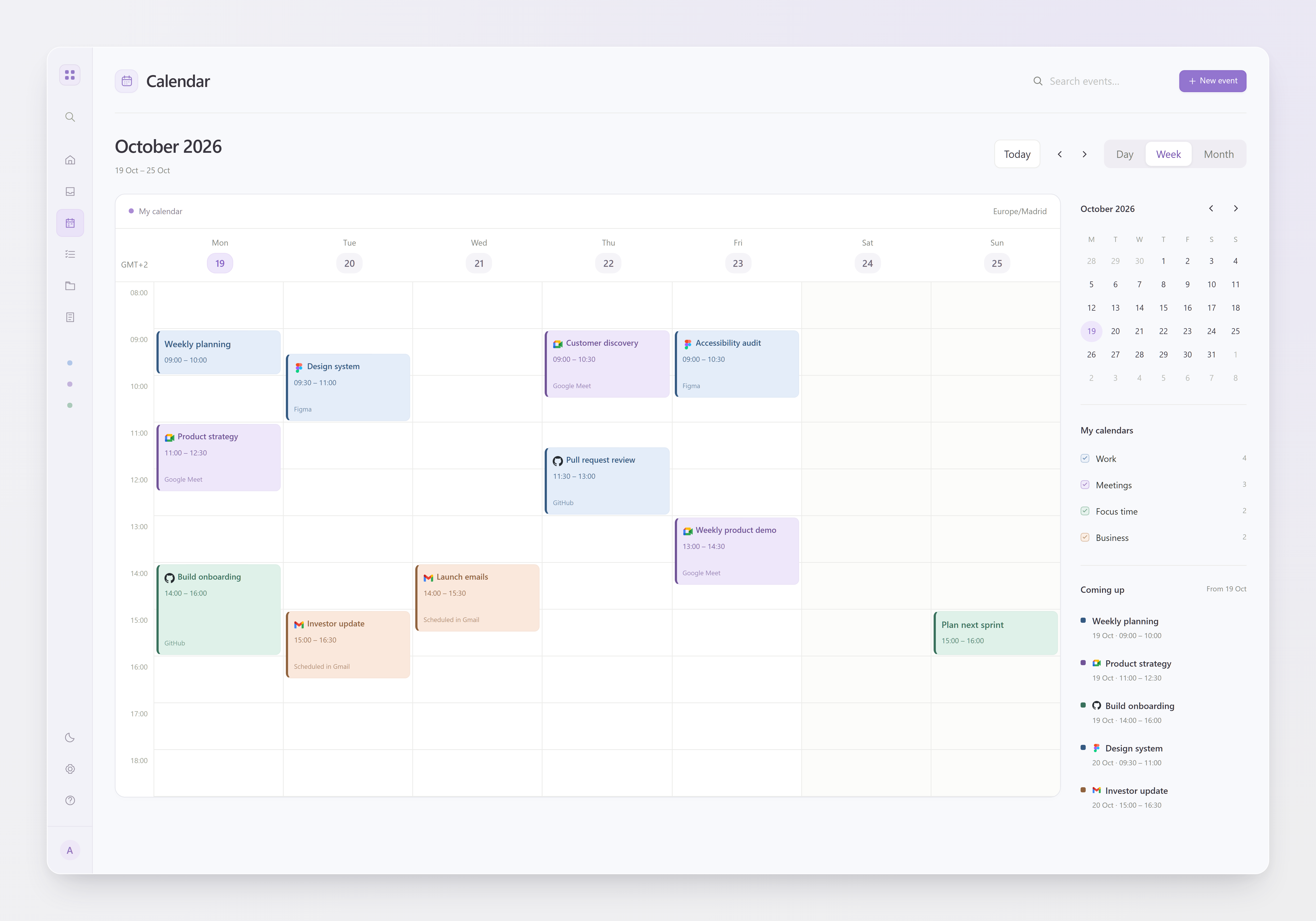 Calendario semanal con eventos de demostración.