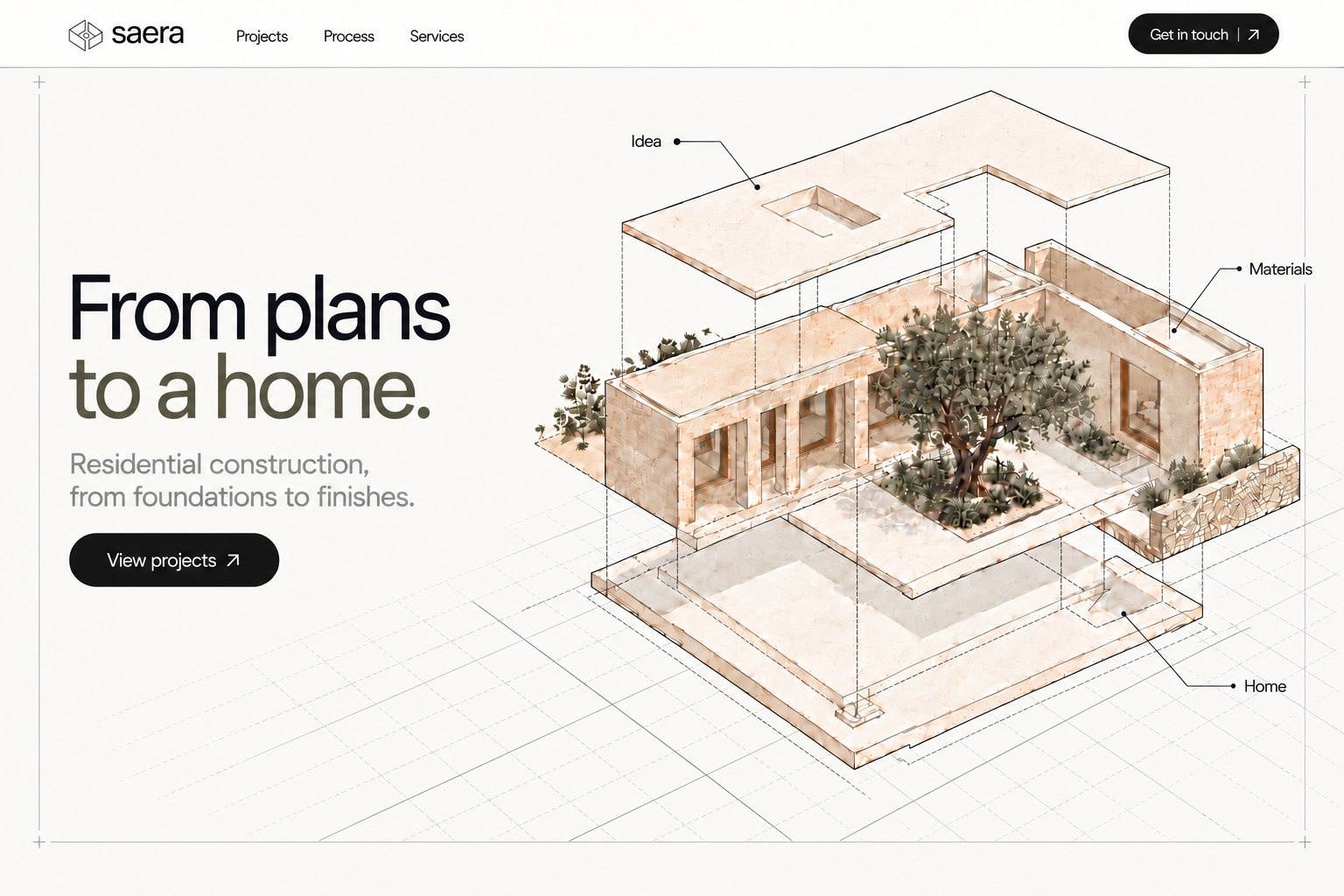Concepto web de Saera con el titular From plans to a home y una vivienda mediterránea representada en capas arquitectónicas.