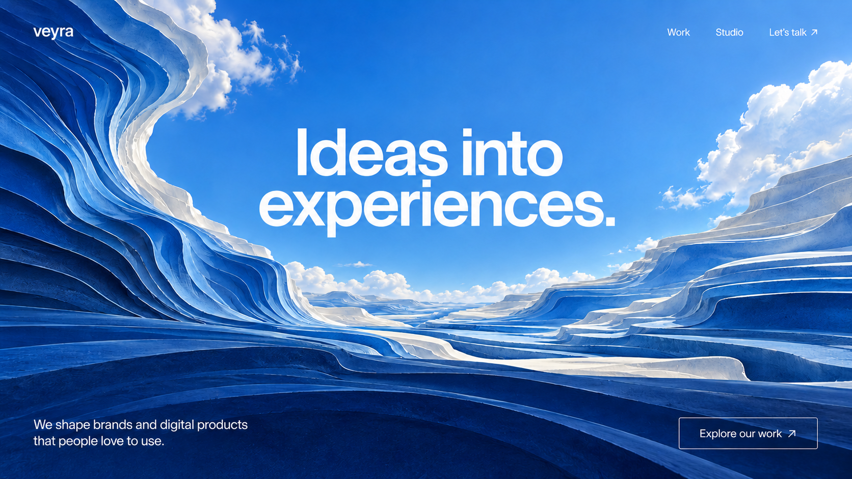 Concepto web de Veyra con el titular Ideas into experiences sobre un paisaje de terrazas escultóricas azules y blancas.